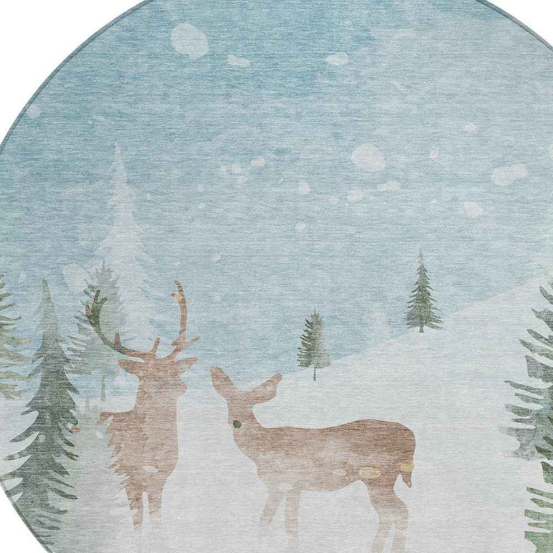 8' Sky Blue Sage Ivory And Khaki Round Animal Print Washable Indoor Outdoor Area Rug