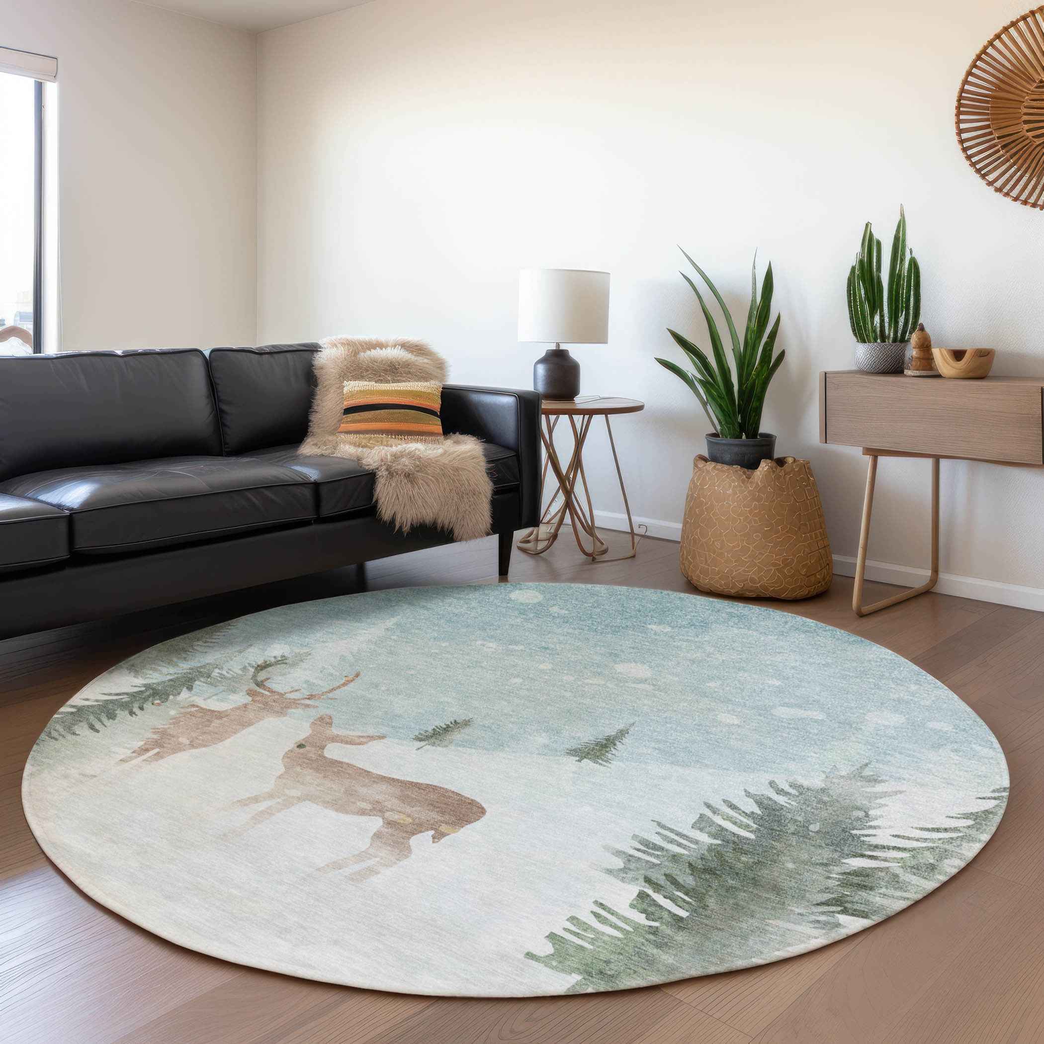 8' Sky Blue Sage Ivory And Khaki Round Animal Print Washable Indoor Outdoor Area Rug