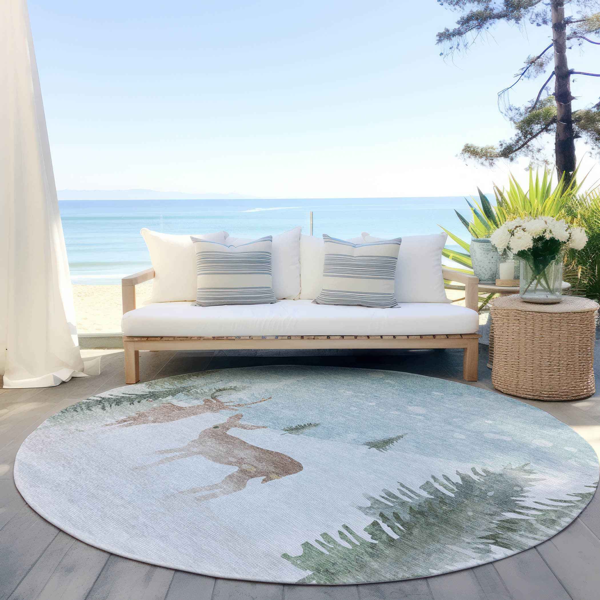 8' Sky Blue Sage Ivory And Khaki Round Animal Print Washable Indoor Outdoor Area Rug