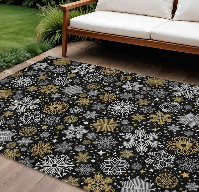 9' X 12' Black Gold And Gray Medallion Washable Indoor Outdoor Area Rug