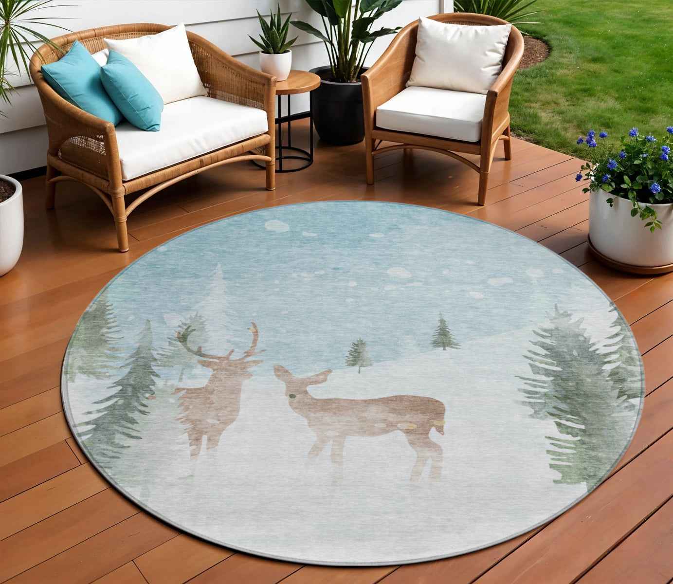 8' Sky Blue Sage Ivory And Khaki Round Animal Print Washable Indoor Outdoor Area Rug