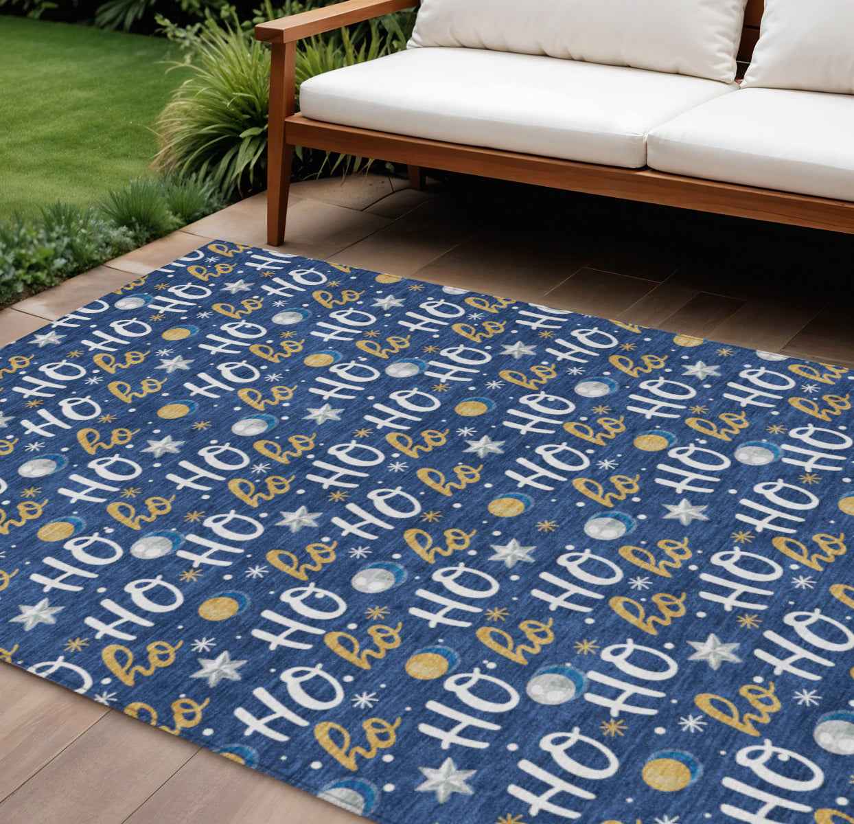 8' X 10' Navy Blue White And Gold Polka Dot Washable Indoor Outdoor Area Rug