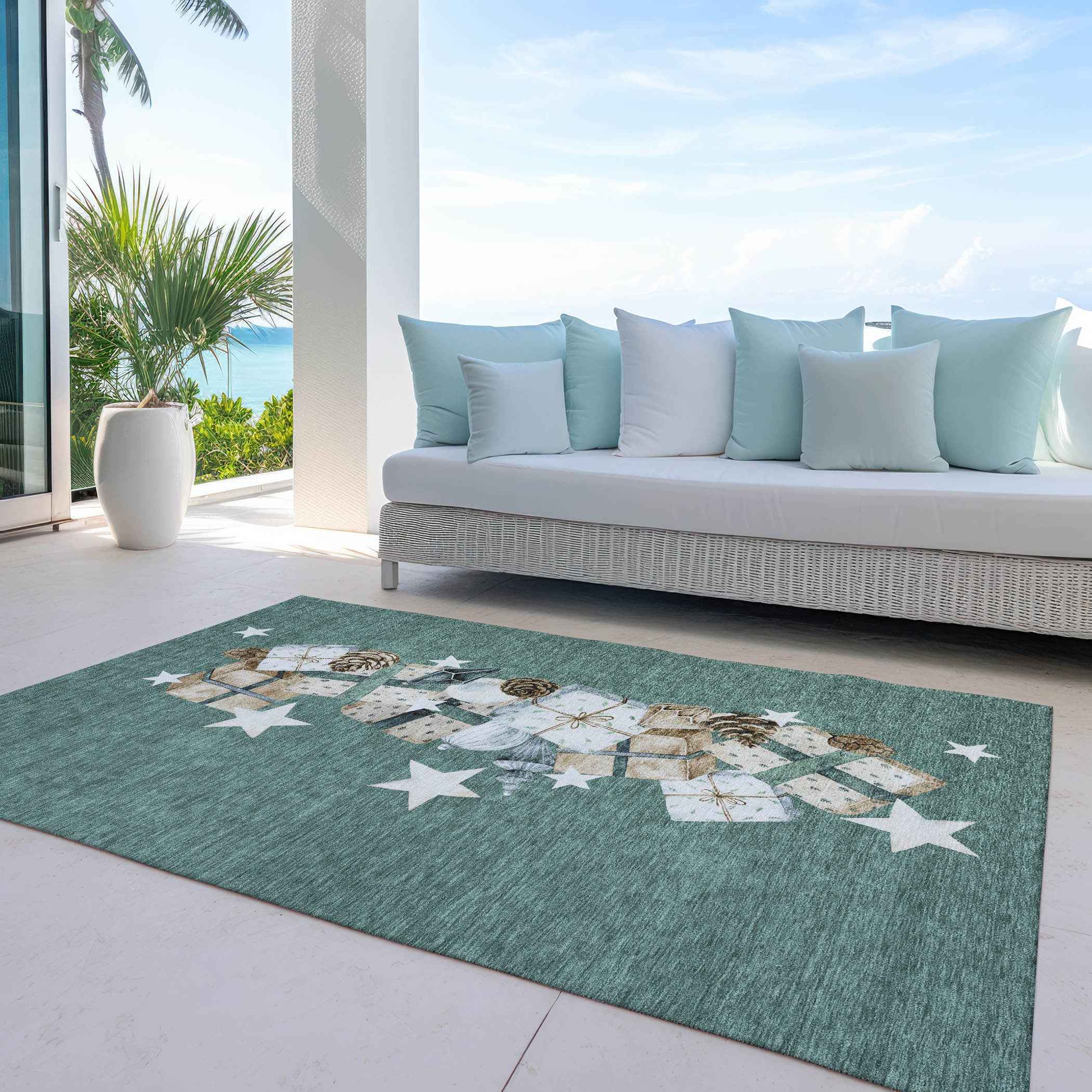 5' X 8' Pale Aqua Beige Ivory And Taupe Geometric Washable Indoor Outdoor Area Rug