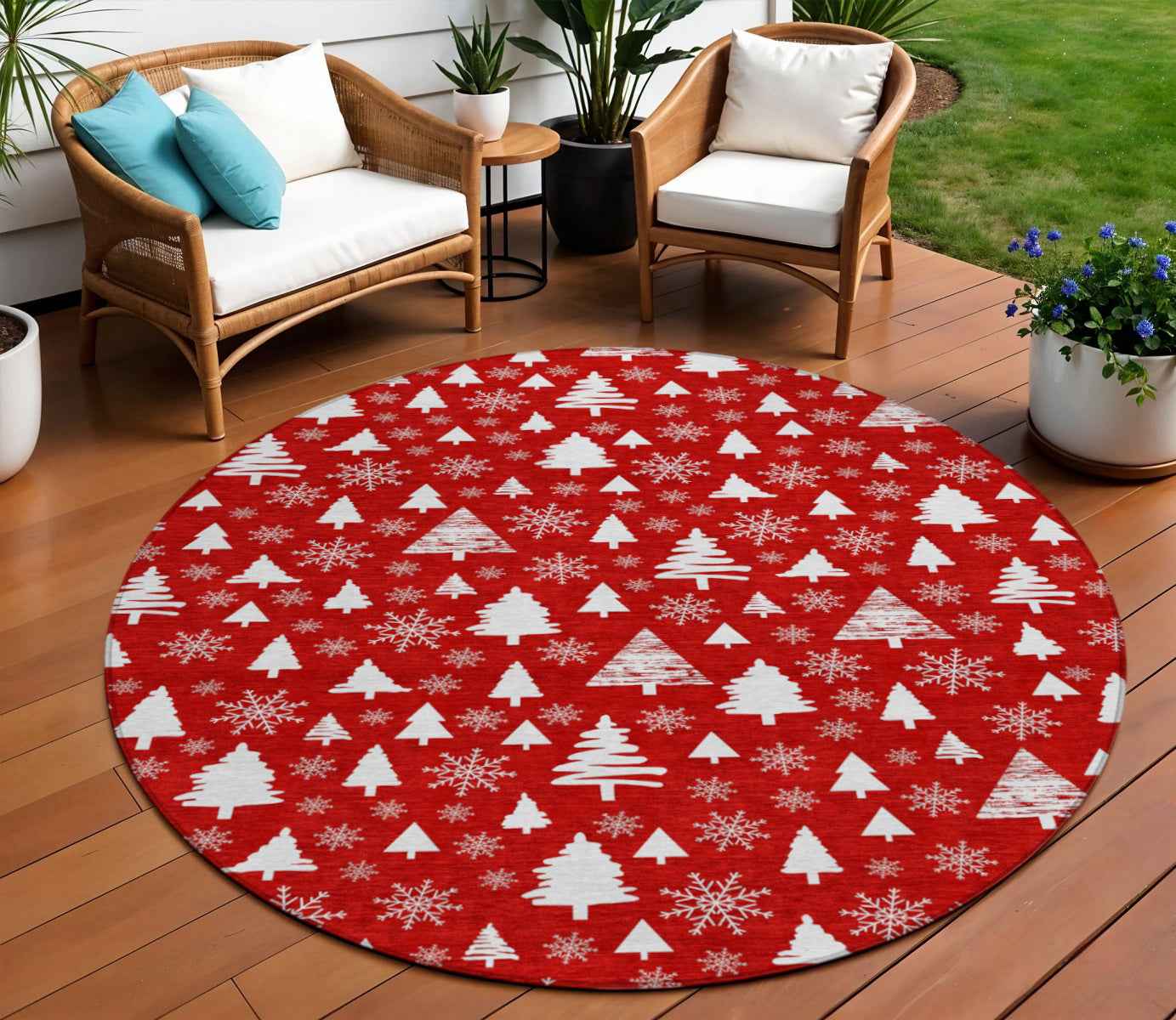 8' Red And Ivory Round Botanical Leaves Washable Indoor Outdoor Area Rug