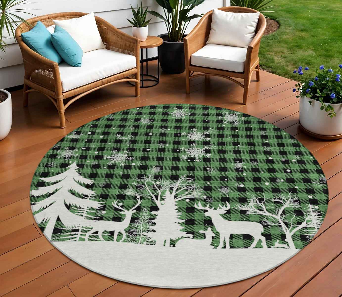 8' Green Black And Ivory Round Plaid Washable Indoor Outdoor Area Rug