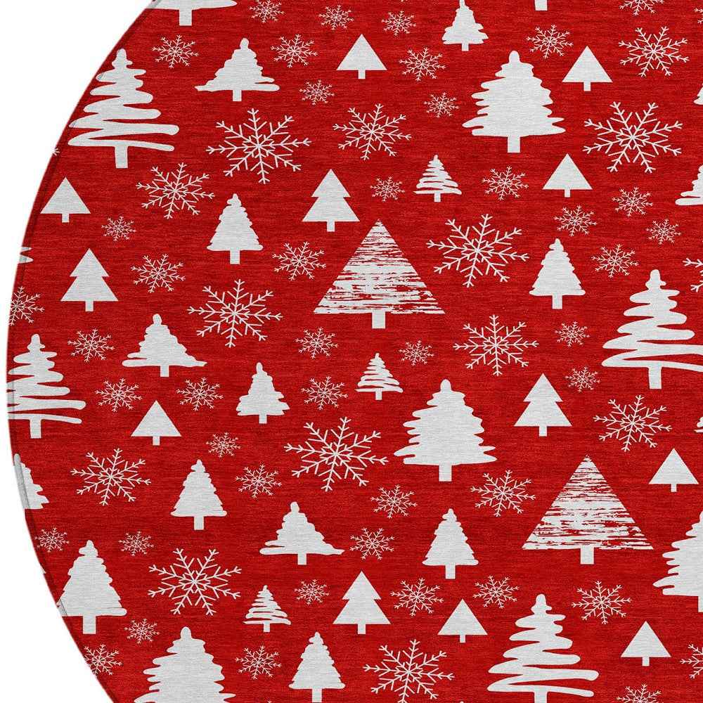 8' Red And Ivory Round Botanical Leaves Washable Indoor Outdoor Area Rug