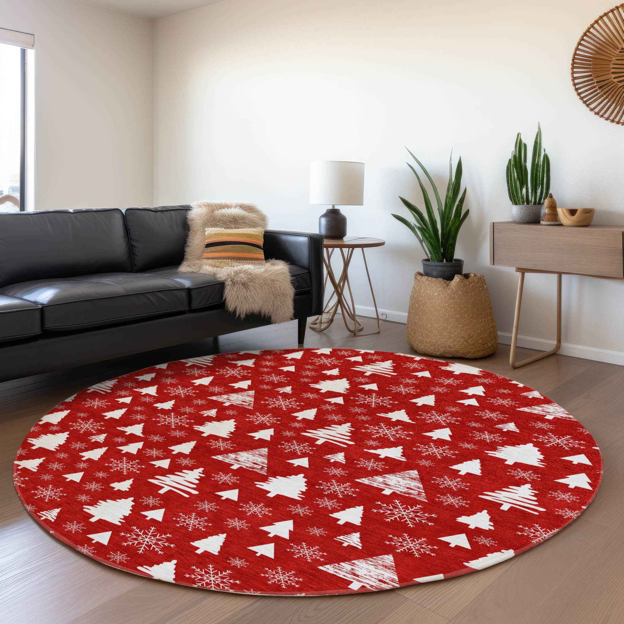 8' Red And Ivory Round Botanical Leaves Washable Indoor Outdoor Area Rug