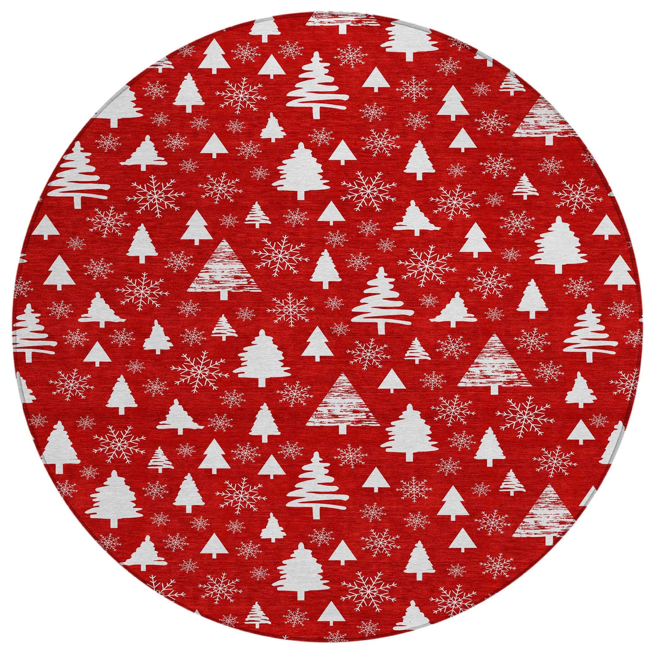 8' Red And Ivory Round Botanical Leaves Washable Indoor Outdoor Area Rug