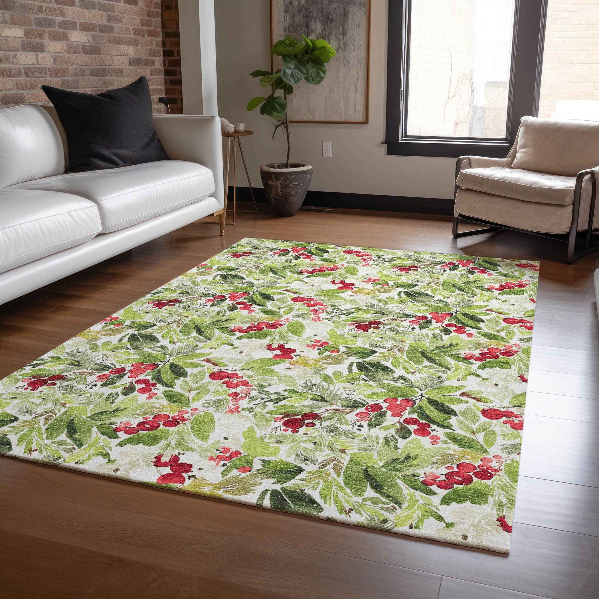 10' X 14' Artichoke Green Burgundy And Ivory Botanical Leaves Washable Indoor Outdoor Area Rug