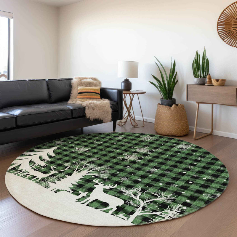 8' Green Black And Ivory Round Plaid Washable Indoor Outdoor Area Rug