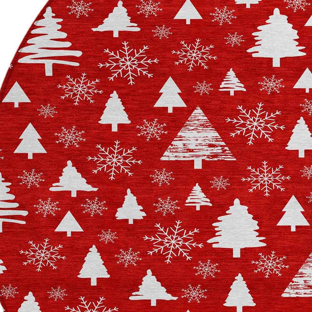 8' Red And Ivory Round Botanical Leaves Washable Indoor Outdoor Area Rug