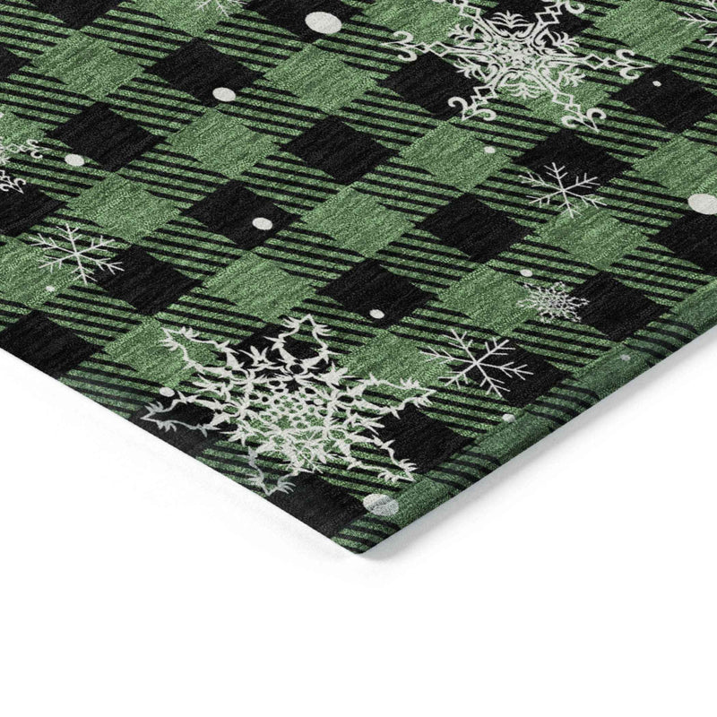 8' Green Black And Ivory Round Plaid Washable Indoor Outdoor Area Rug