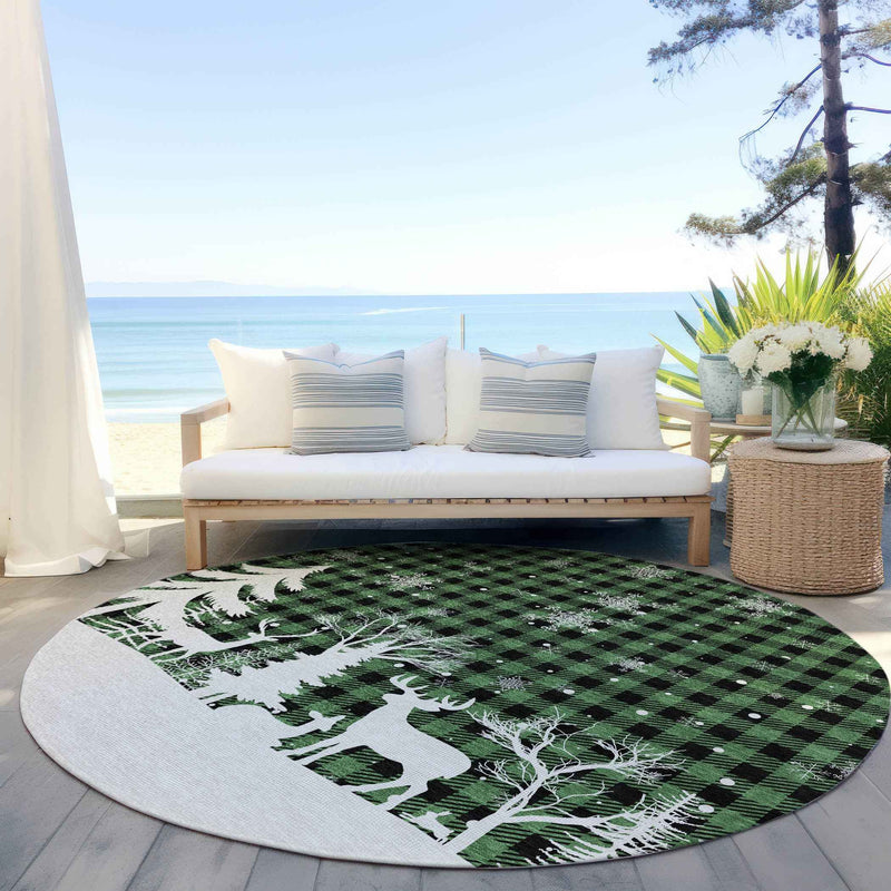 8' Green Black And Ivory Round Plaid Washable Indoor Outdoor Area Rug