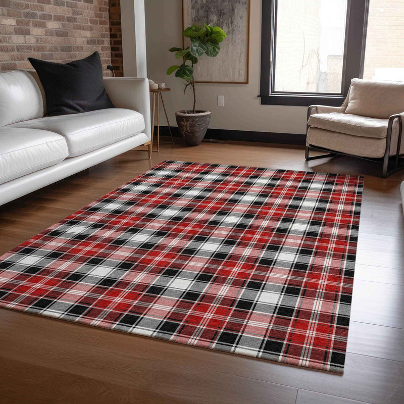 5' X 8' Black Red And White Plaid Washable Indoor Outdoor Area Rug