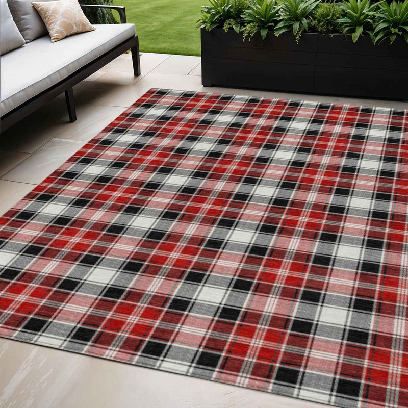 5' X 8' Black Red And White Plaid Washable Indoor Outdoor Area Rug