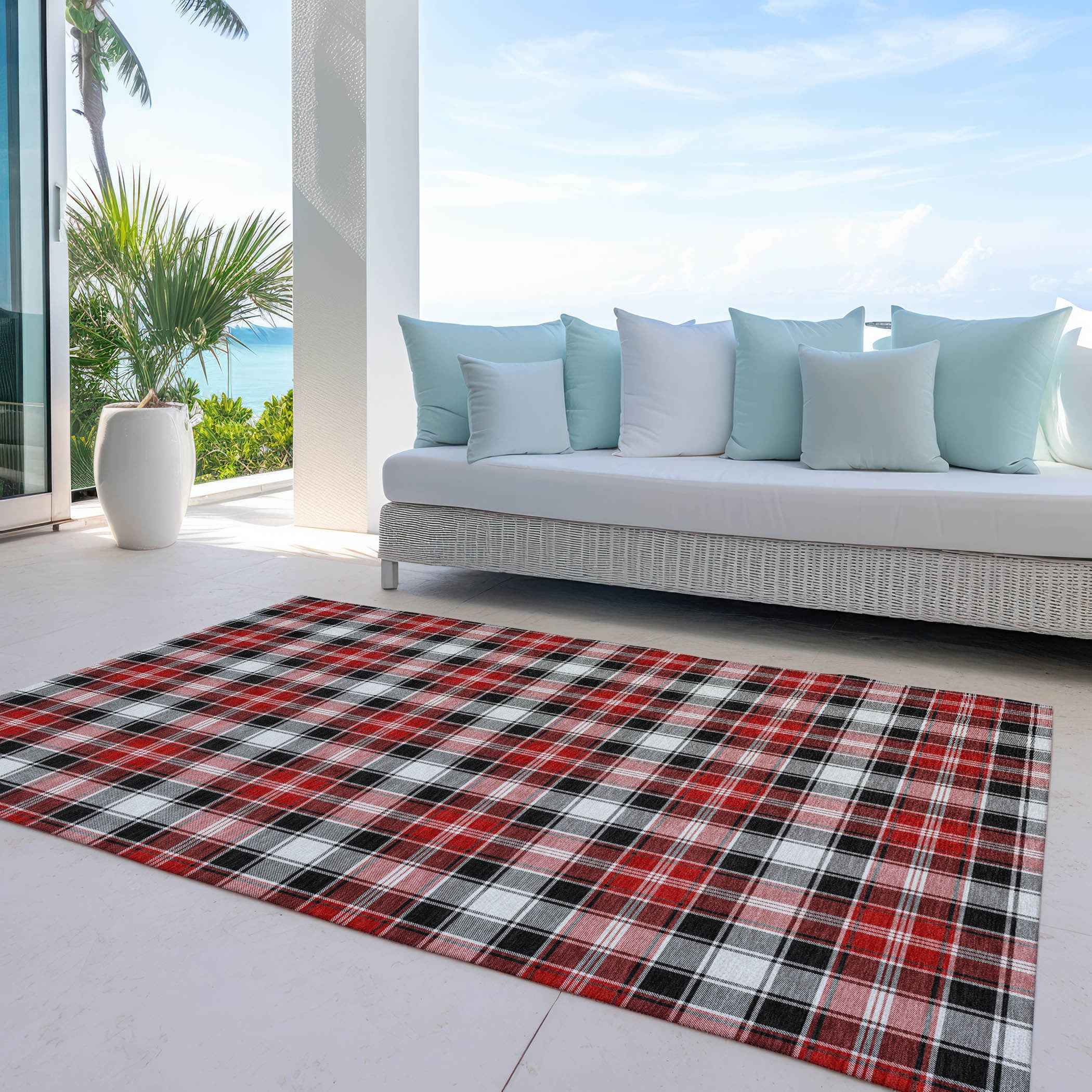 5' X 8' Black Red And White Plaid Washable Indoor Outdoor Area Rug