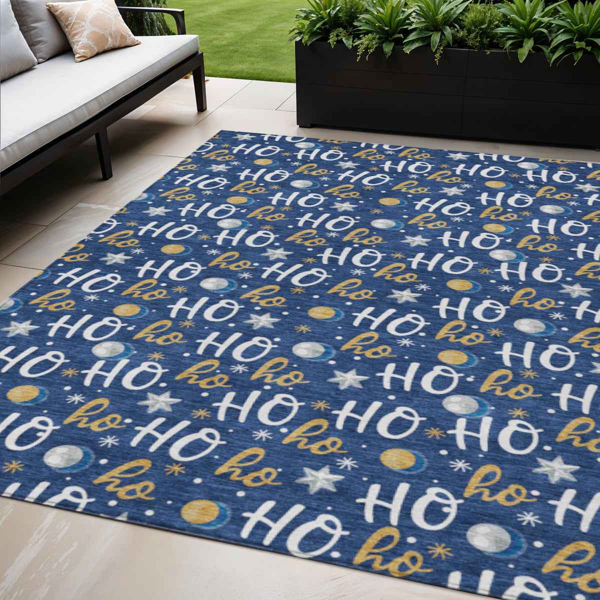 5' X 8' Navy Blue White And Gold Polka Dot Washable Indoor Outdoor Area Rug