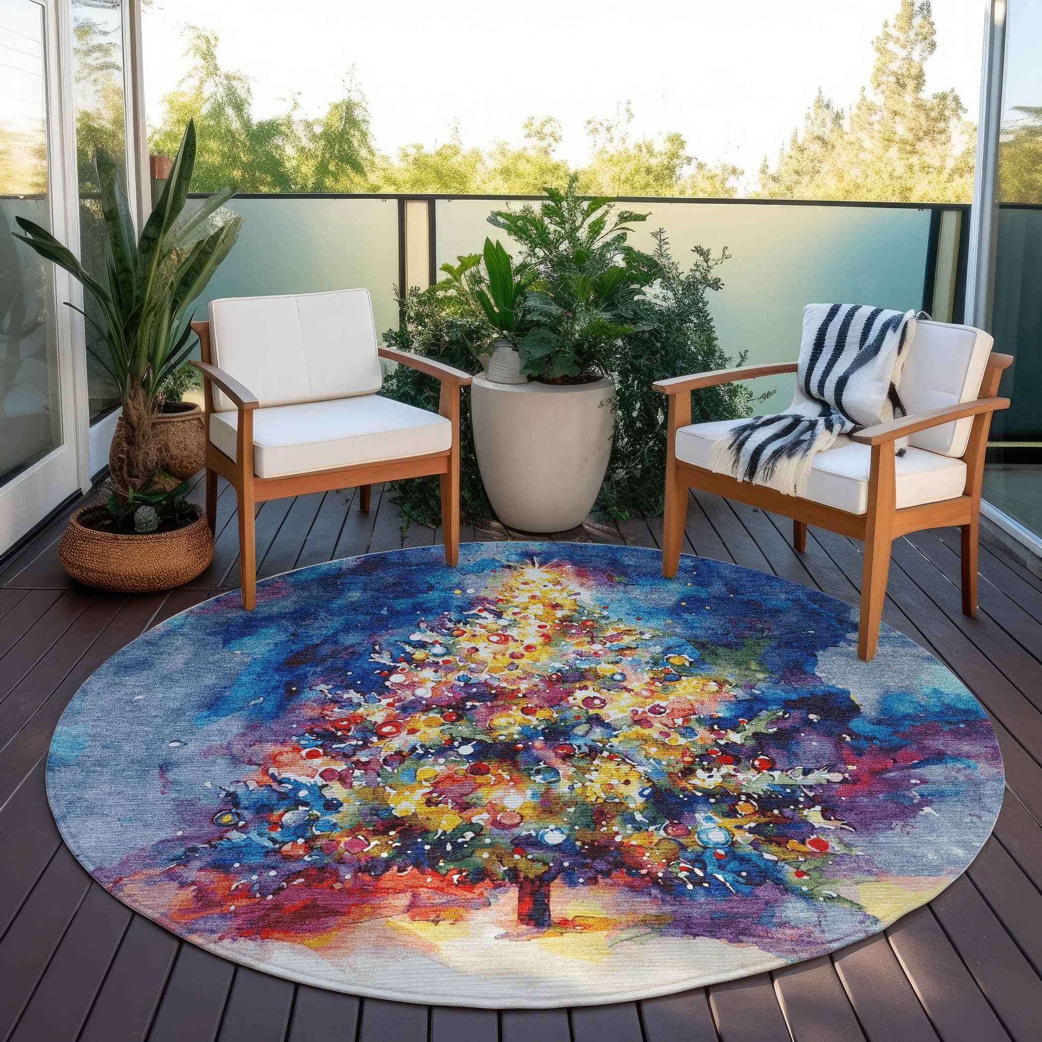 8' Navy Blue Gold Red And Purple Round Abstract Washable Indoor Outdoor Area Rug