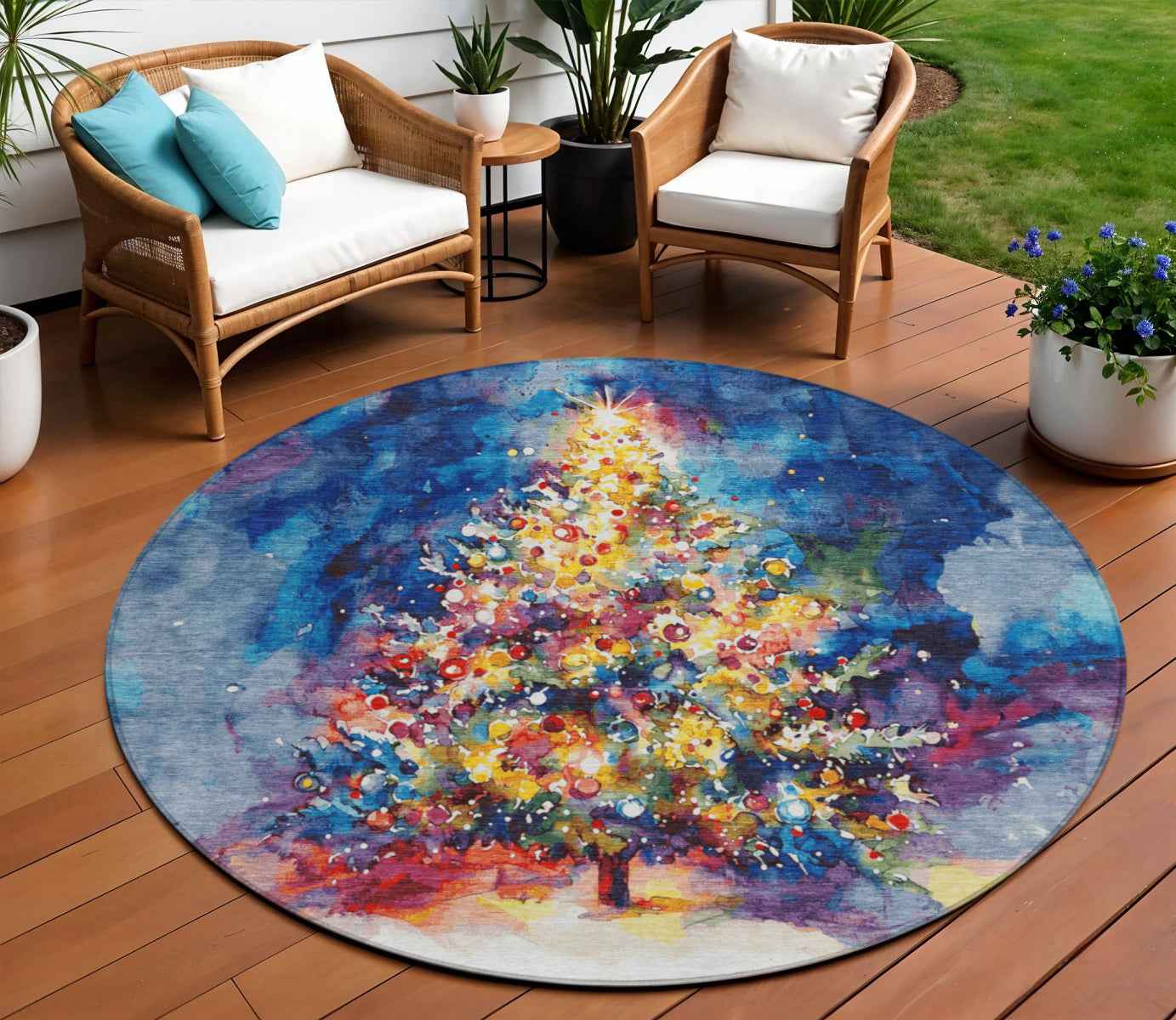 8' Navy Blue Gold Red And Purple Round Abstract Washable Indoor Outdoor Area Rug