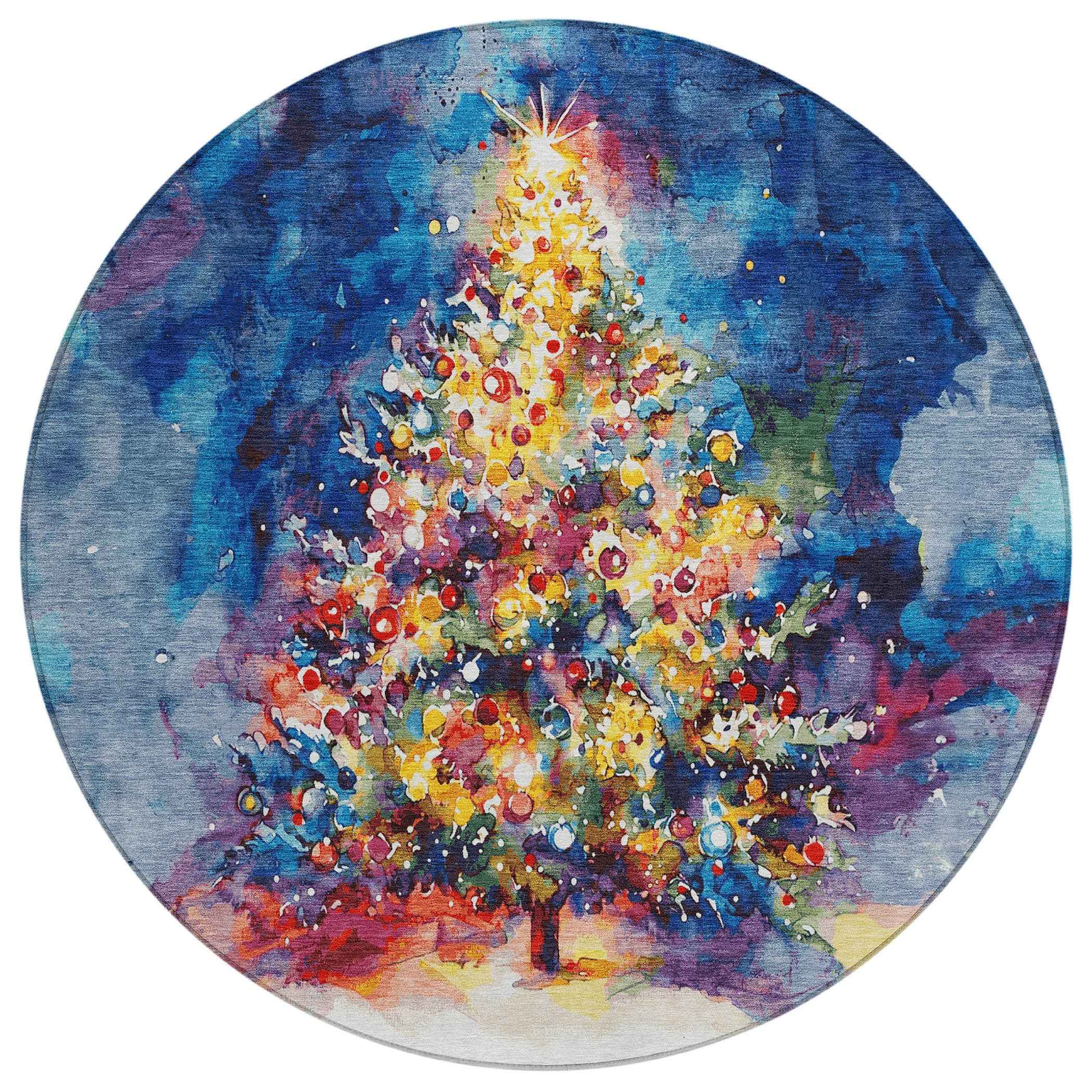 8' Navy Blue Gold Red And Purple Round Abstract Washable Indoor Outdoor Area Rug