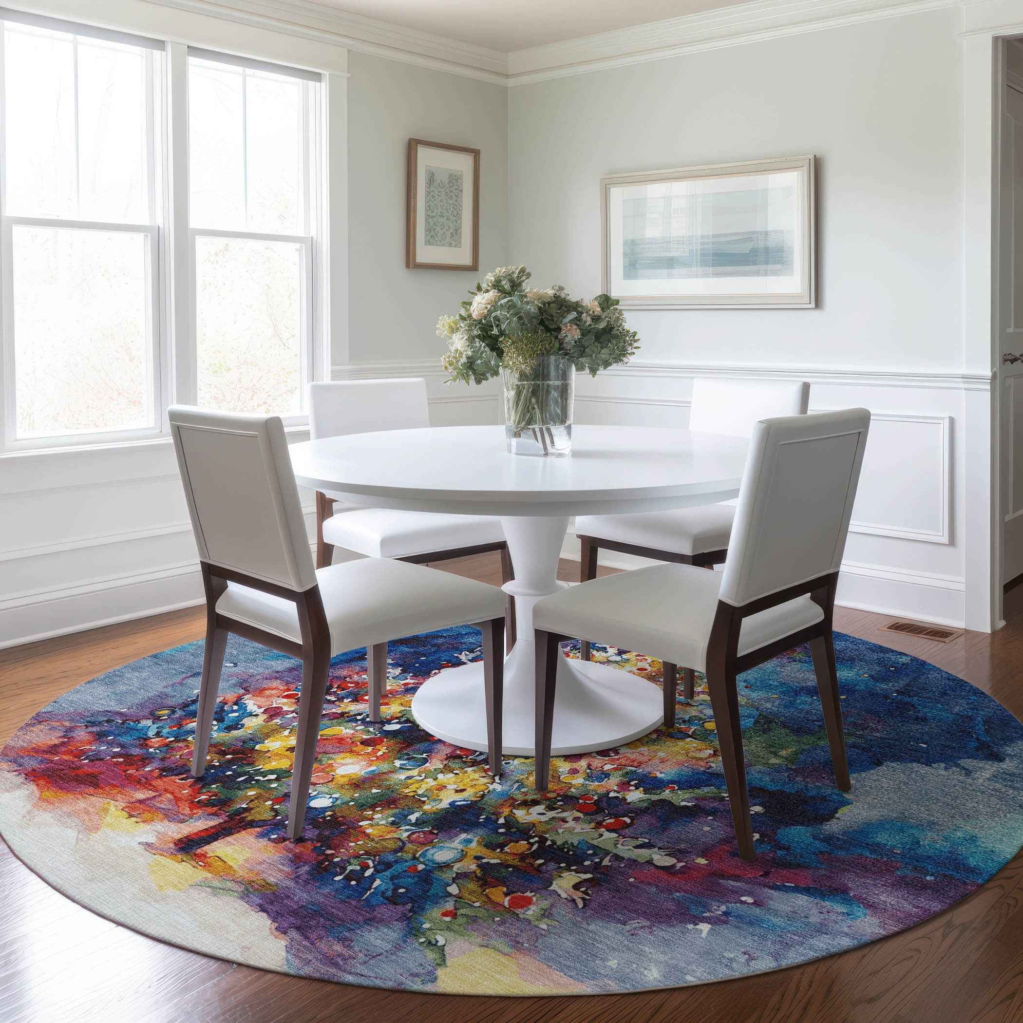 8' Navy Blue Gold Red And Purple Round Abstract Washable Indoor Outdoor Area Rug