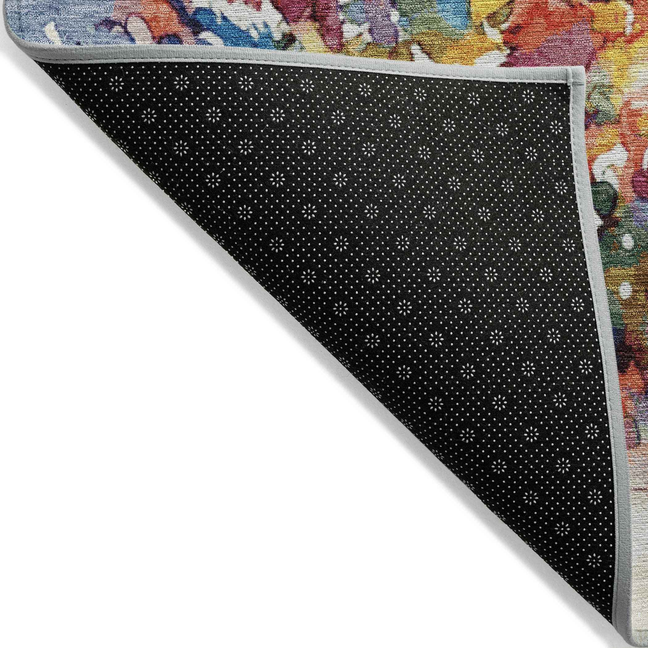 8' Navy Blue Gold Red And Purple Round Abstract Washable Indoor Outdoor Area Rug