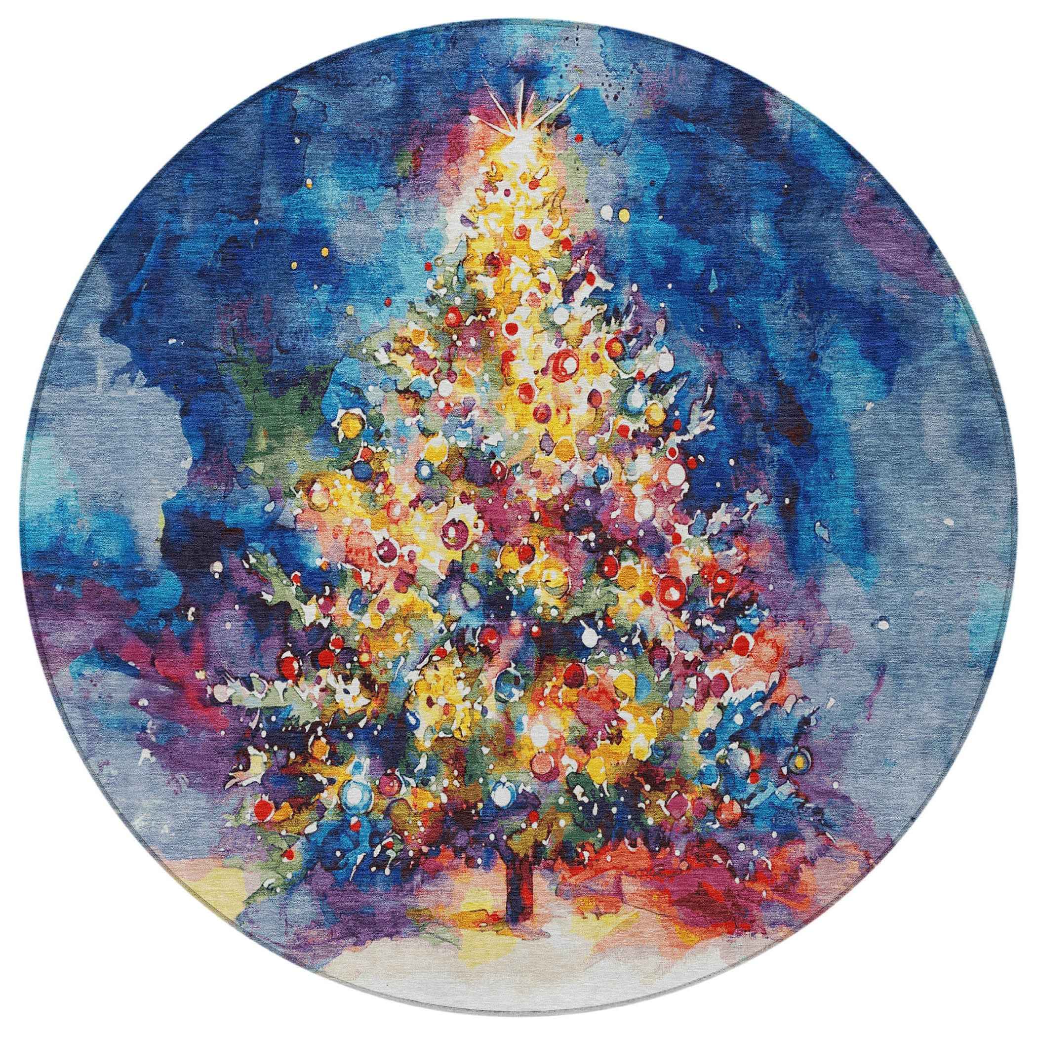 8' Navy Blue Gold Red And Purple Round Abstract Washable Indoor Outdoor Area Rug