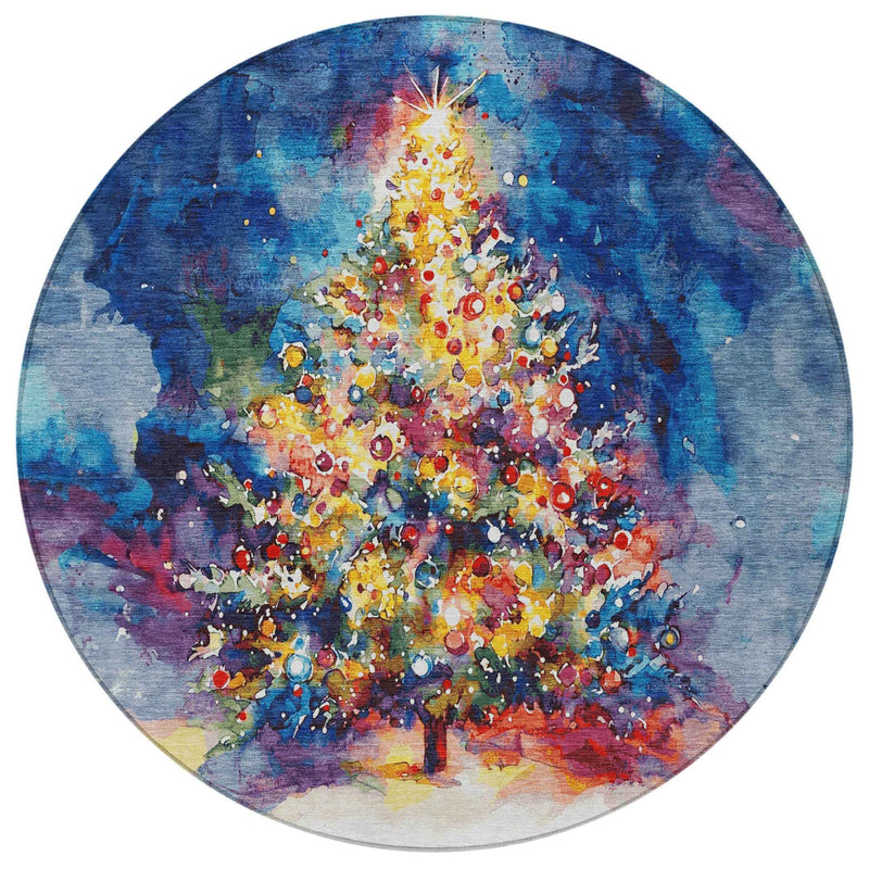 8' Navy Blue Gold Red And Purple Round Abstract Washable Indoor Outdoor Area Rug