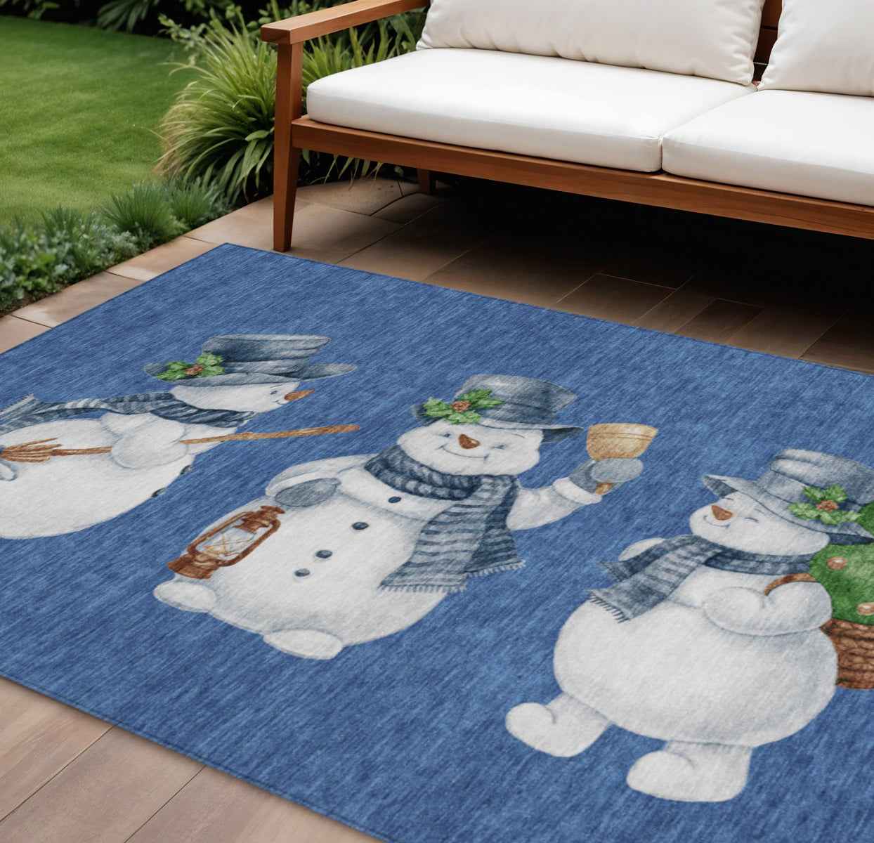 9' X 12' Navy Blue Denim Blue And Ivory Botanical Leaves Washable Indoor Outdoor Area Rug