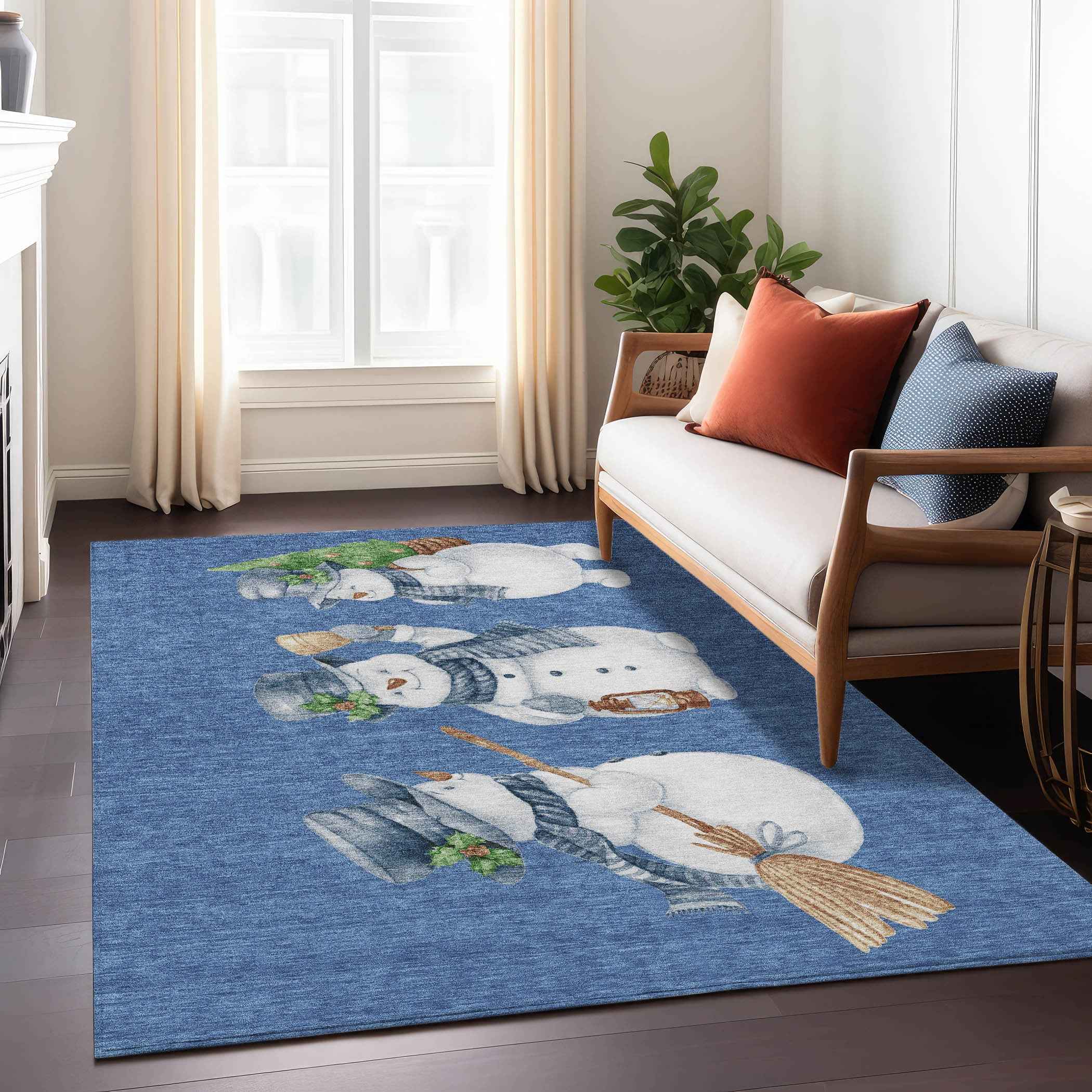 9' X 12' Navy Blue Denim Blue And Ivory Botanical Leaves Washable Indoor Outdoor Area Rug