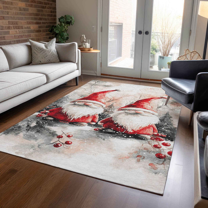 3' X 5' Ivory Red And Gray Botanical Leaves Washable Indoor Outdoor Area Rug