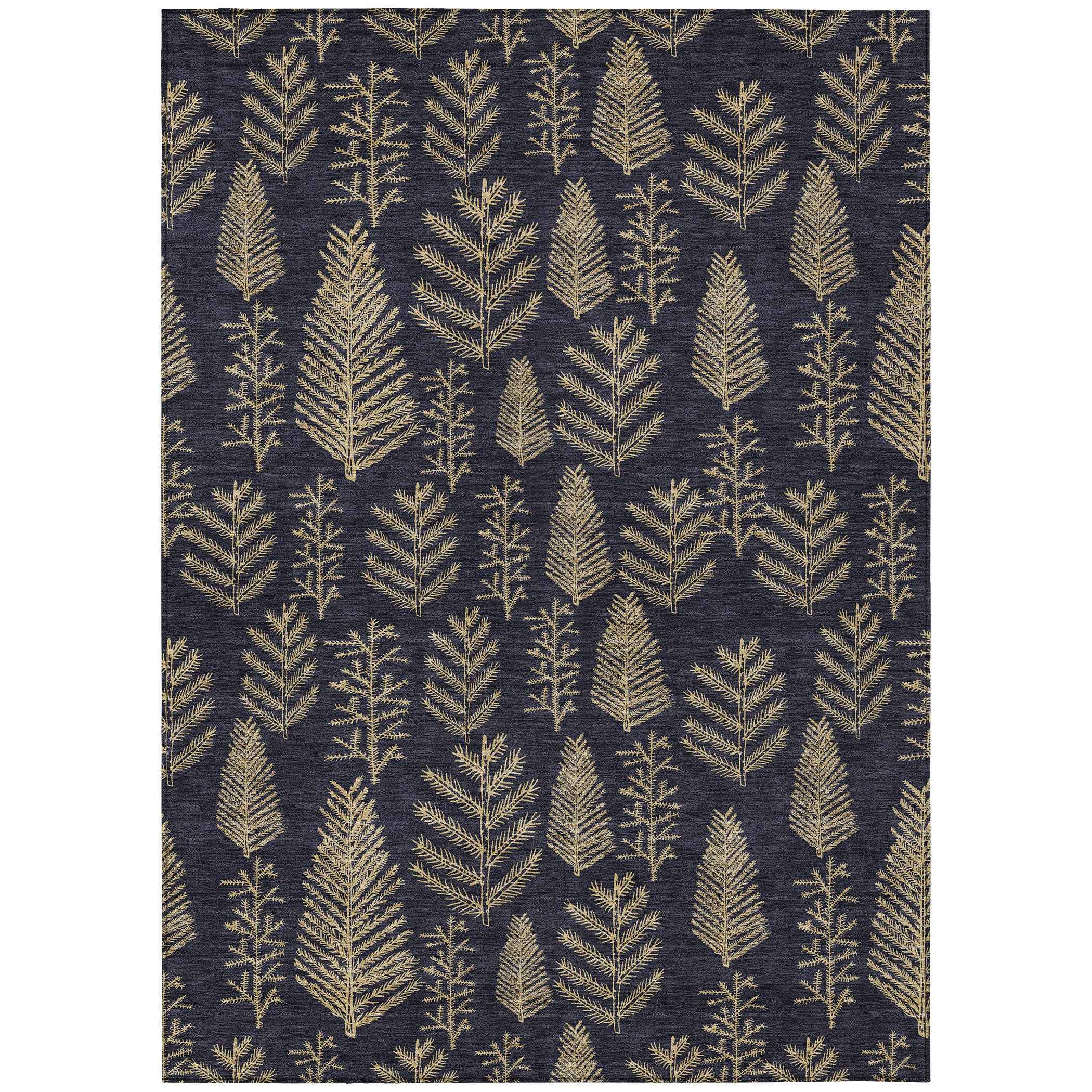 5' X 8' Black And Gold Botanical Leaves Washable Indoor Outdoor Area Rug