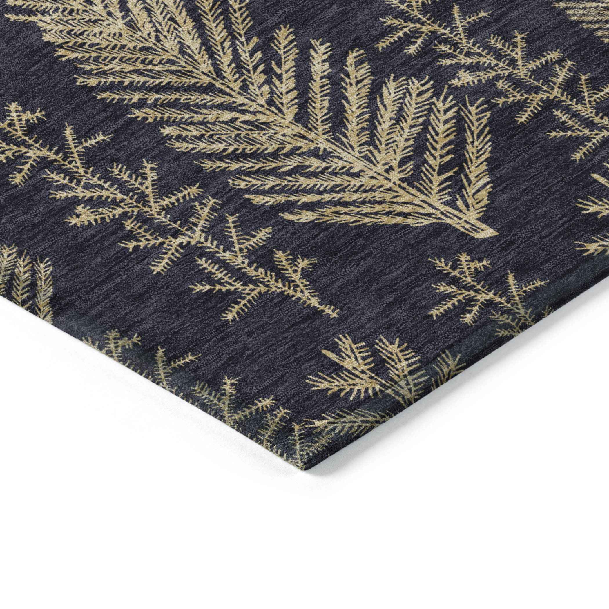 5' X 8' Black And Gold Botanical Leaves Washable Indoor Outdoor Area Rug