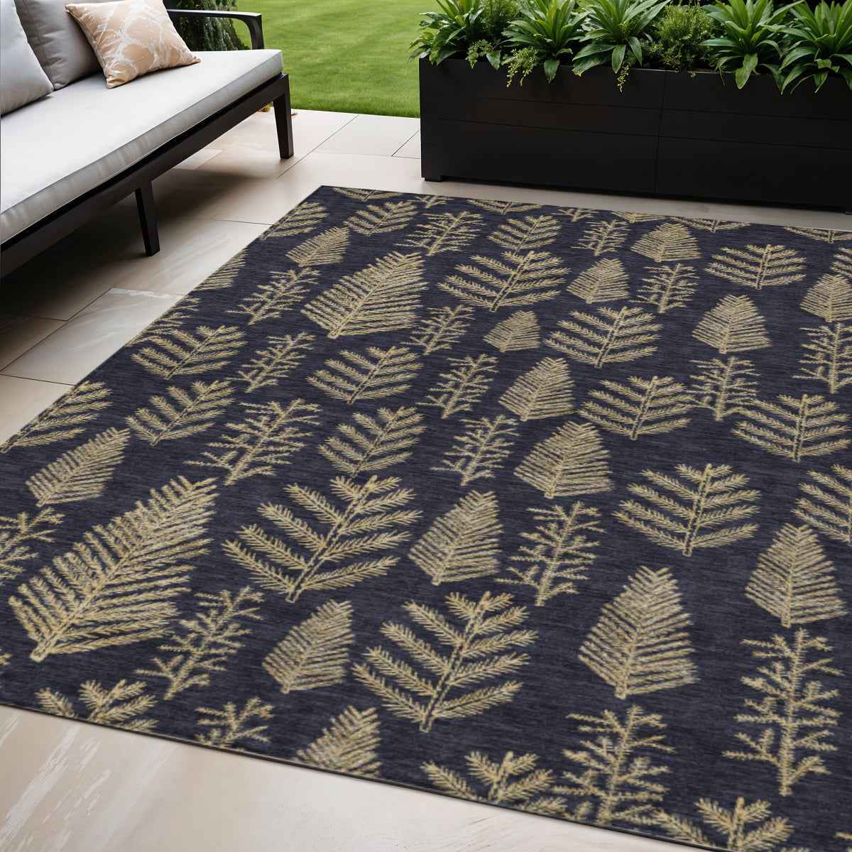 5' X 8' Black And Gold Botanical Leaves Washable Indoor Outdoor Area Rug