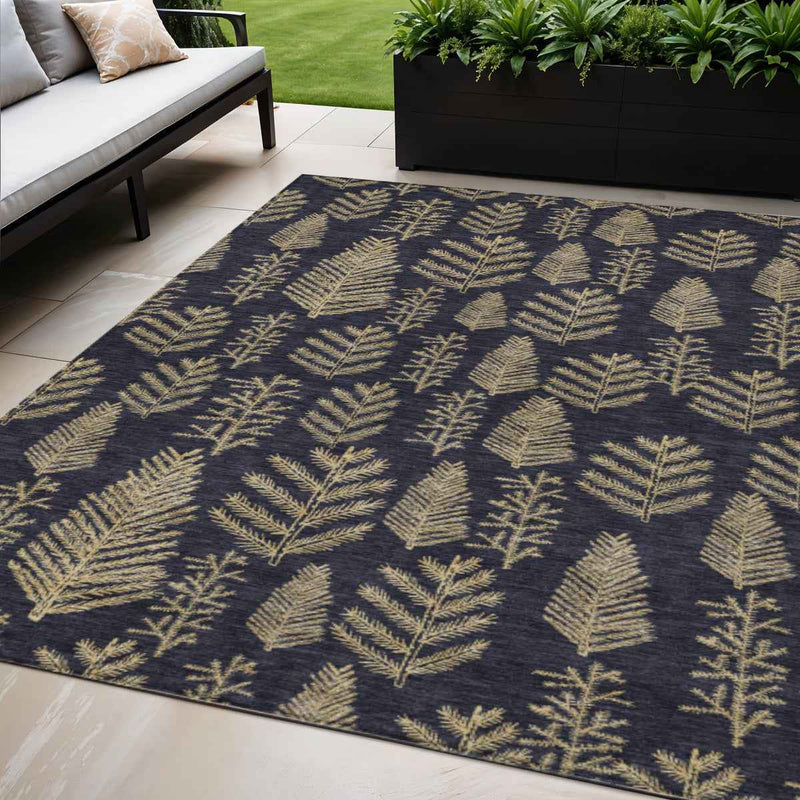 5' X 8' Black And Gold Botanical Leaves Washable Indoor Outdoor Area Rug