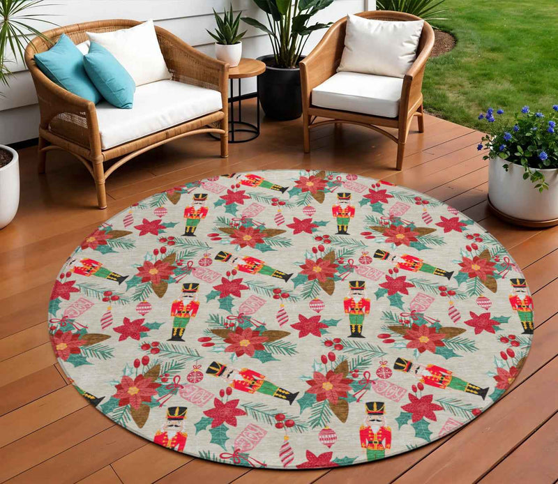 8' Beige Red Black Pink And Brown Round Floral Washable Indoor Outdoor Area Rug
