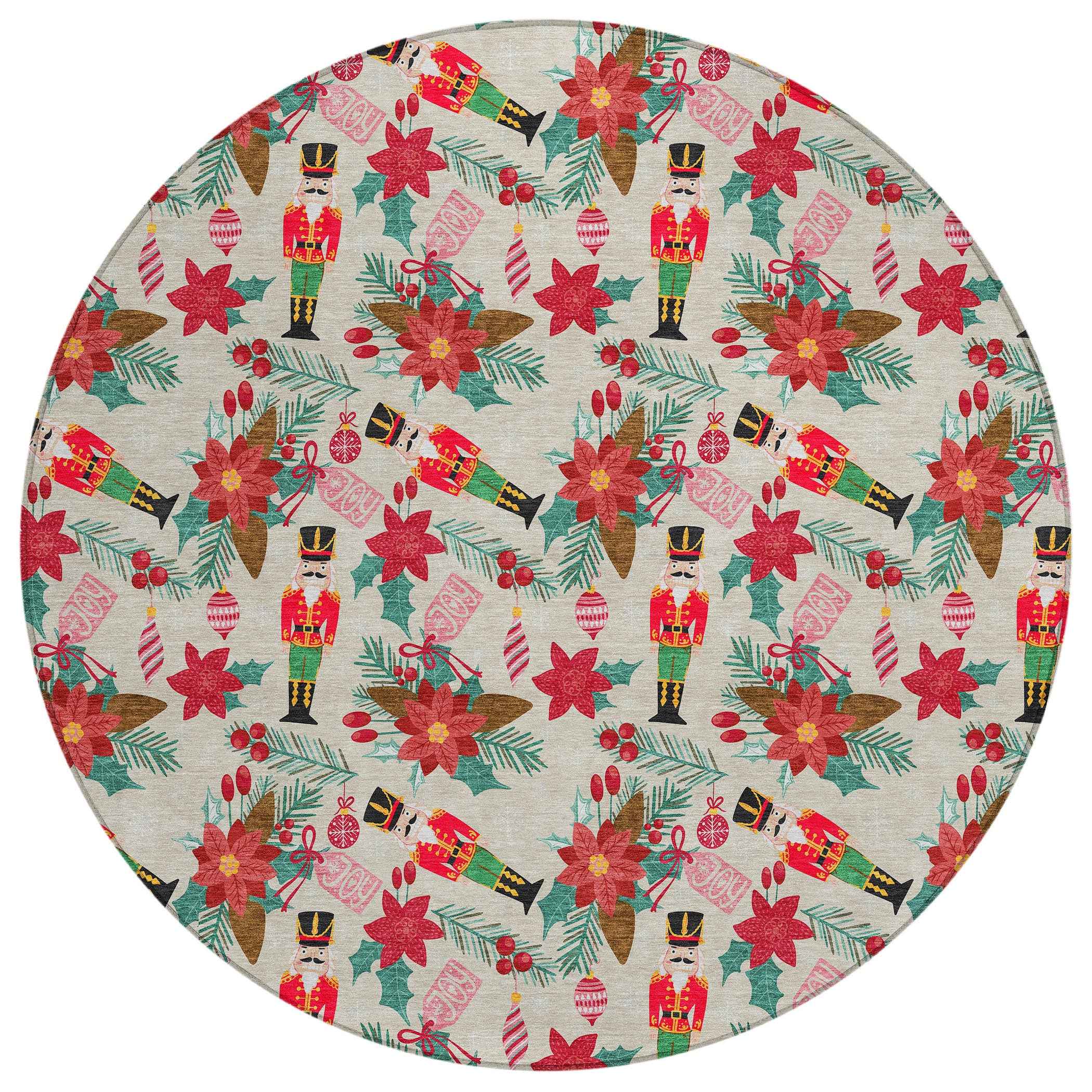 8' Beige Red Black Pink And Brown Round Floral Washable Indoor Outdoor Area Rug