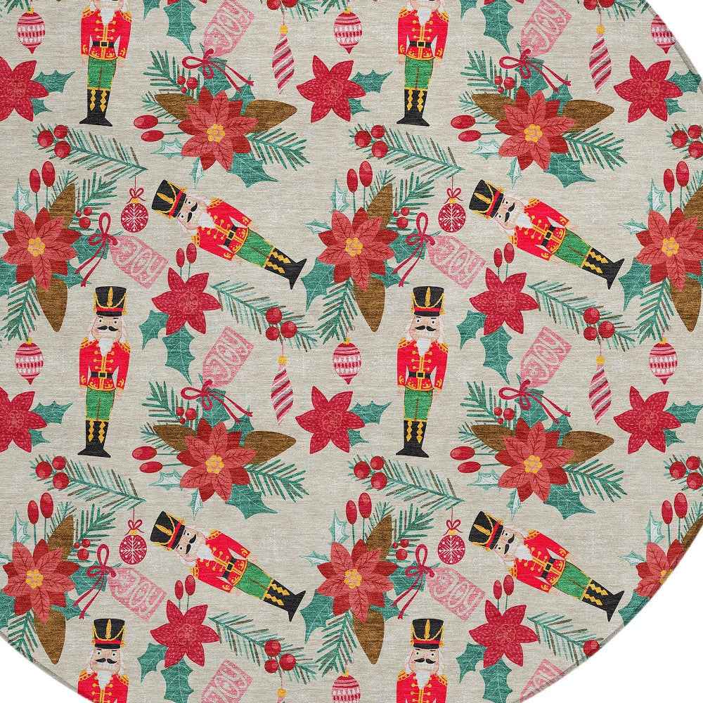 8' Beige Red Black Pink And Brown Round Floral Washable Indoor Outdoor Area Rug