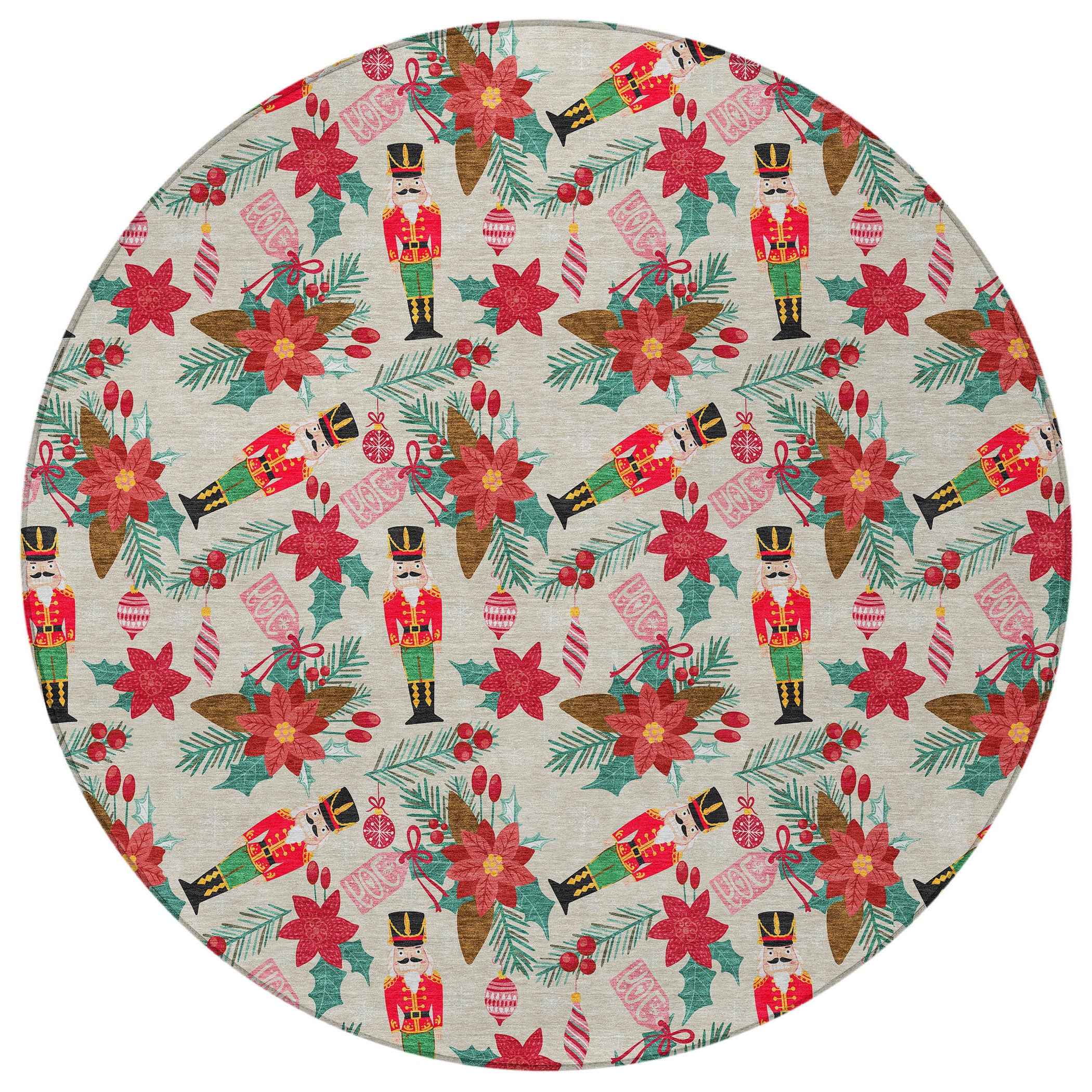 8' Beige Red Black Pink And Brown Round Floral Washable Indoor Outdoor Area Rug