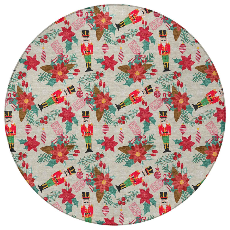 8' Beige Red Black Pink And Brown Round Floral Washable Indoor Outdoor Area Rug