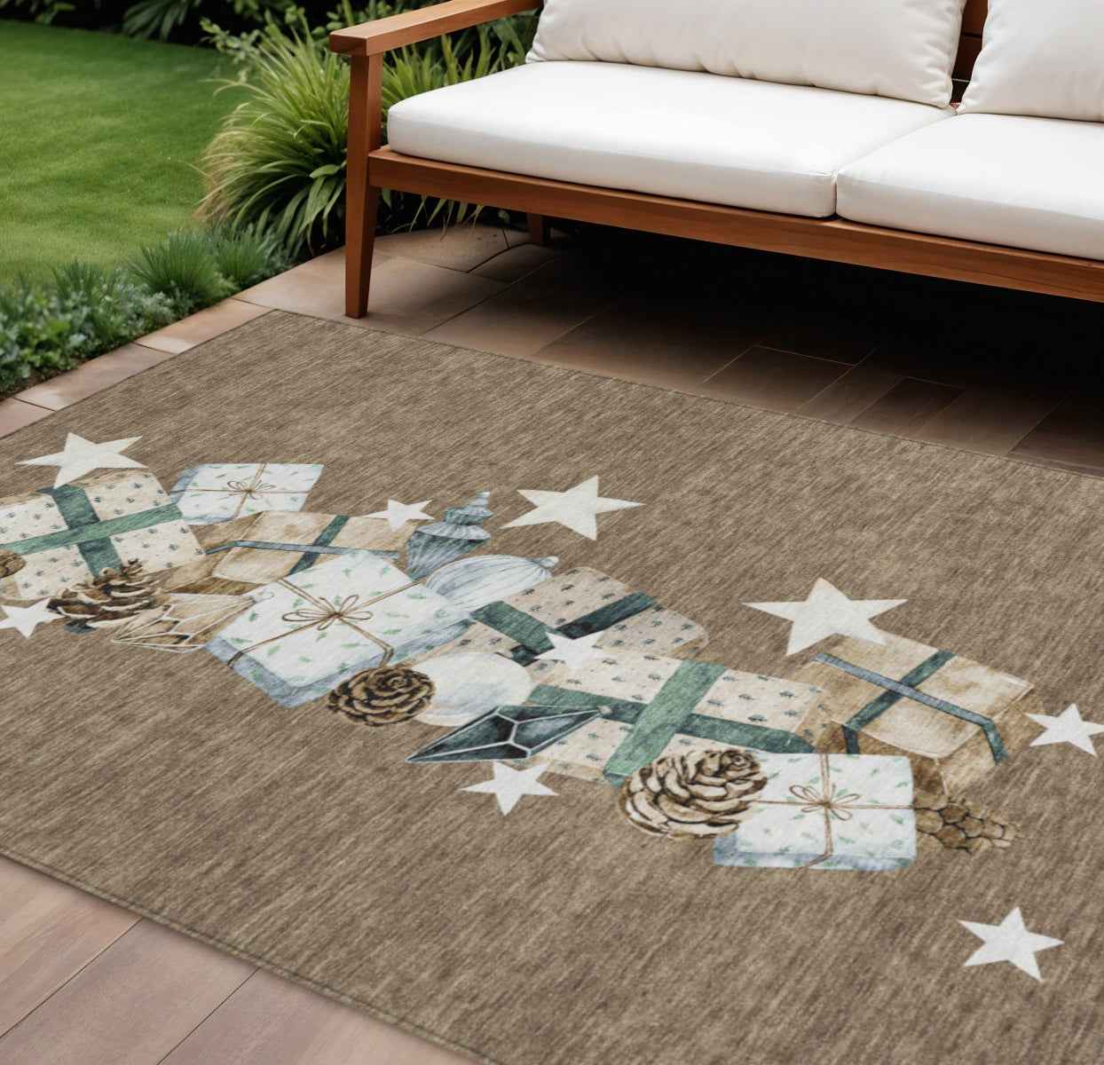 10' X 14' Brown Beige Ivory And Taupe Geometric Washable Indoor Outdoor Area Rug