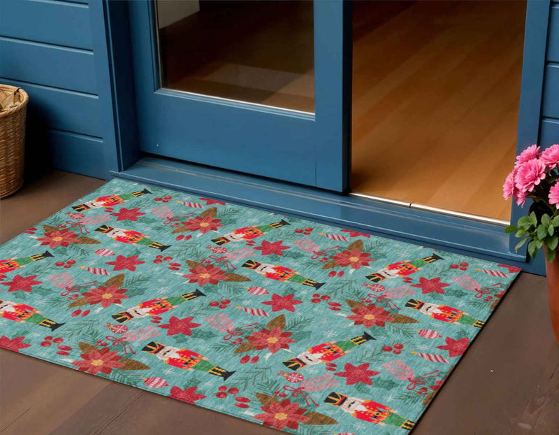 3' X 5' Teal Blue Red Black Pink And Brown Floral Washable Indoor Outdoor Area Rug