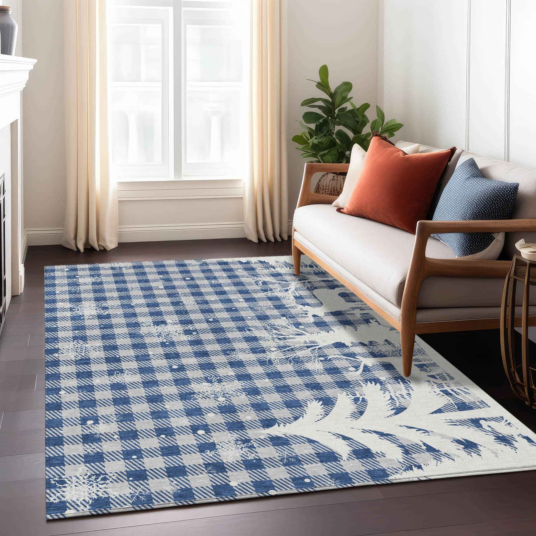 5' X 8' Blue Ivory And Gray Plaid Washable Indoor Outdoor Area Rug