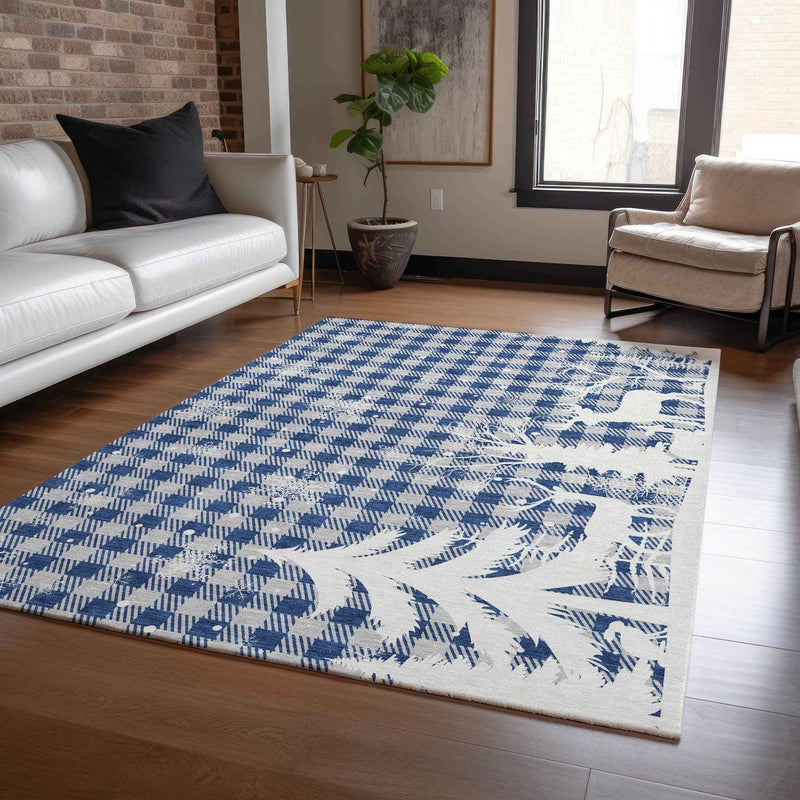 5' X 8' Blue Ivory And Gray Plaid Washable Indoor Outdoor Area Rug