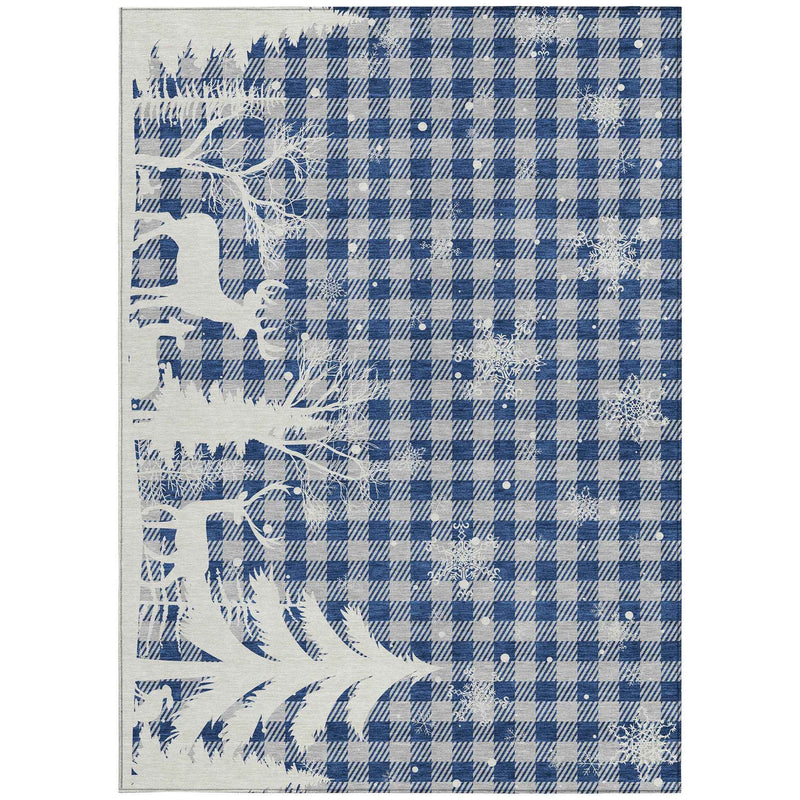 5' X 8' Blue Ivory And Gray Plaid Washable Indoor Outdoor Area Rug