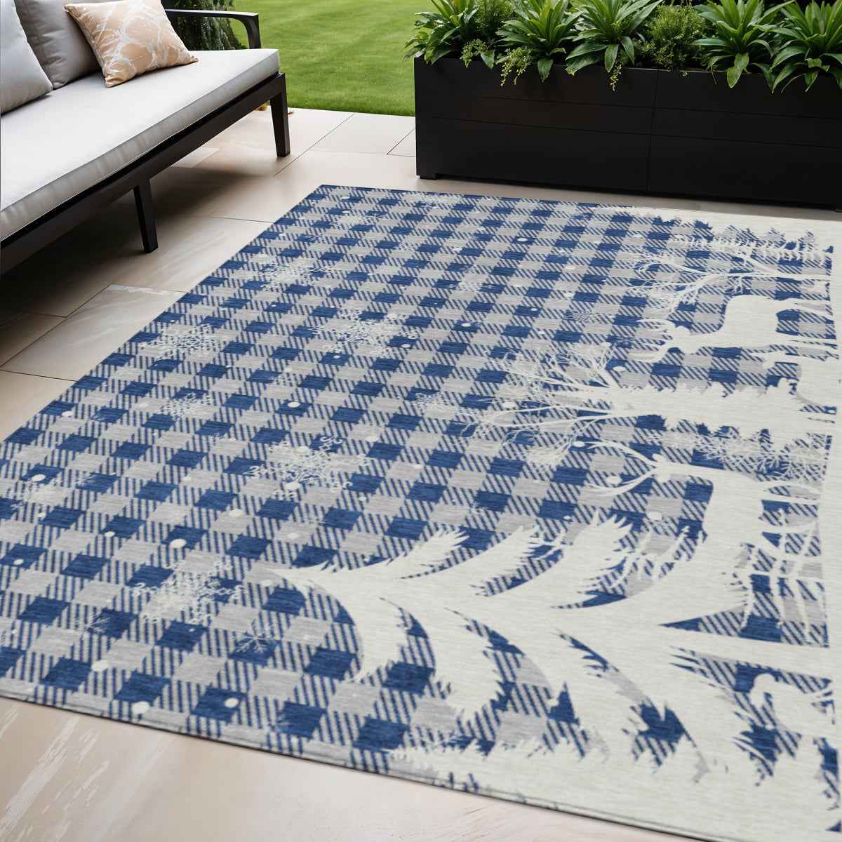 5' X 8' Blue Ivory And Gray Plaid Washable Indoor Outdoor Area Rug