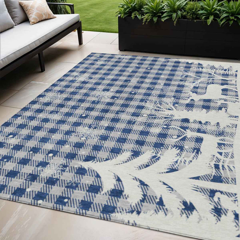 5' X 8' Blue Ivory And Gray Plaid Washable Indoor Outdoor Area Rug