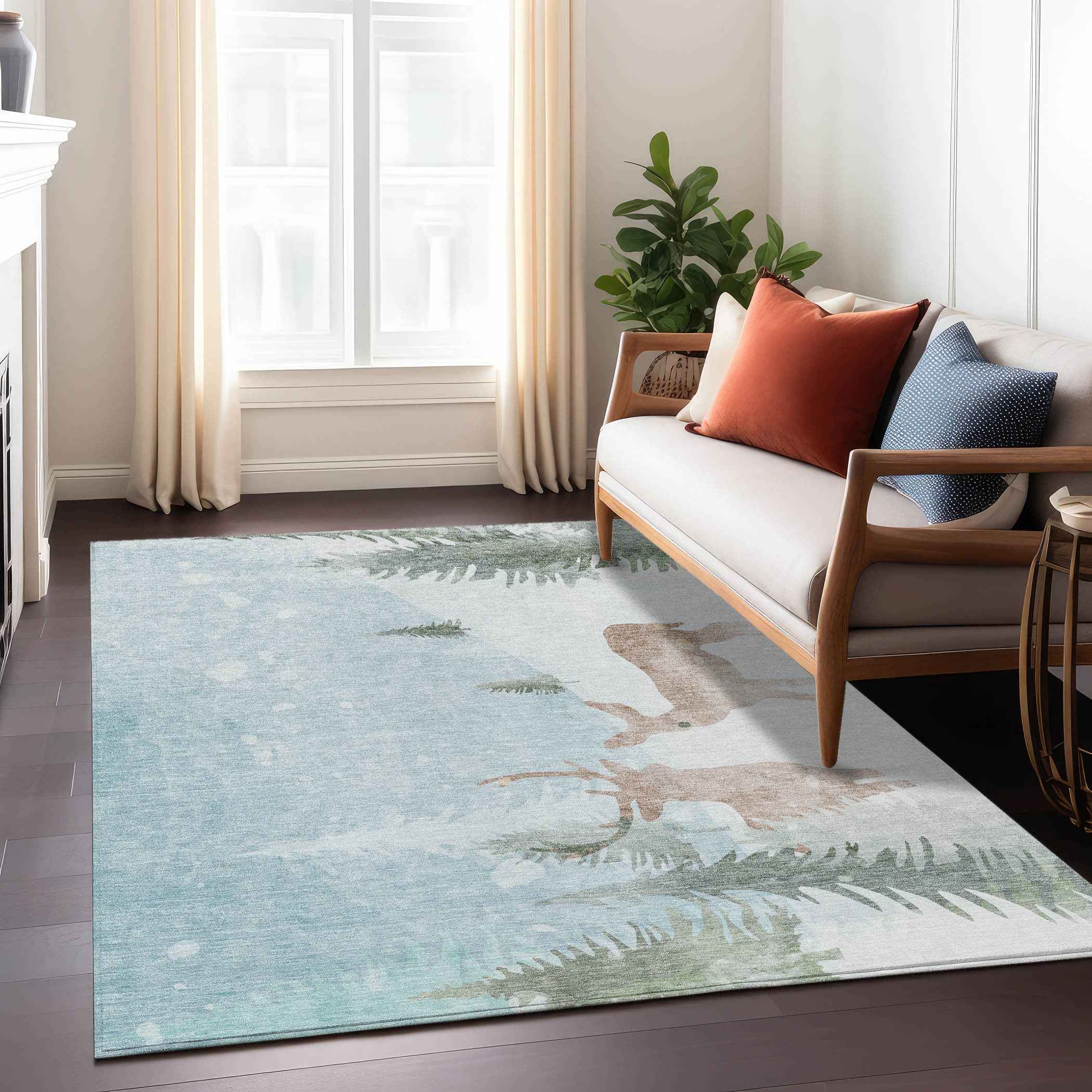 5' X 8' Sky Blue Sage Ivory And Khaki Animal Print Washable Indoor Outdoor Area Rug