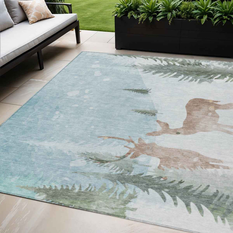 5' X 8' Sky Blue Sage Ivory And Khaki Animal Print Washable Indoor Outdoor Area Rug