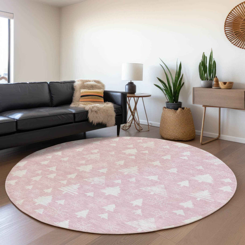 8' Pink And Ivory Round Botanical Leaves Washable Indoor Outdoor Area Rug